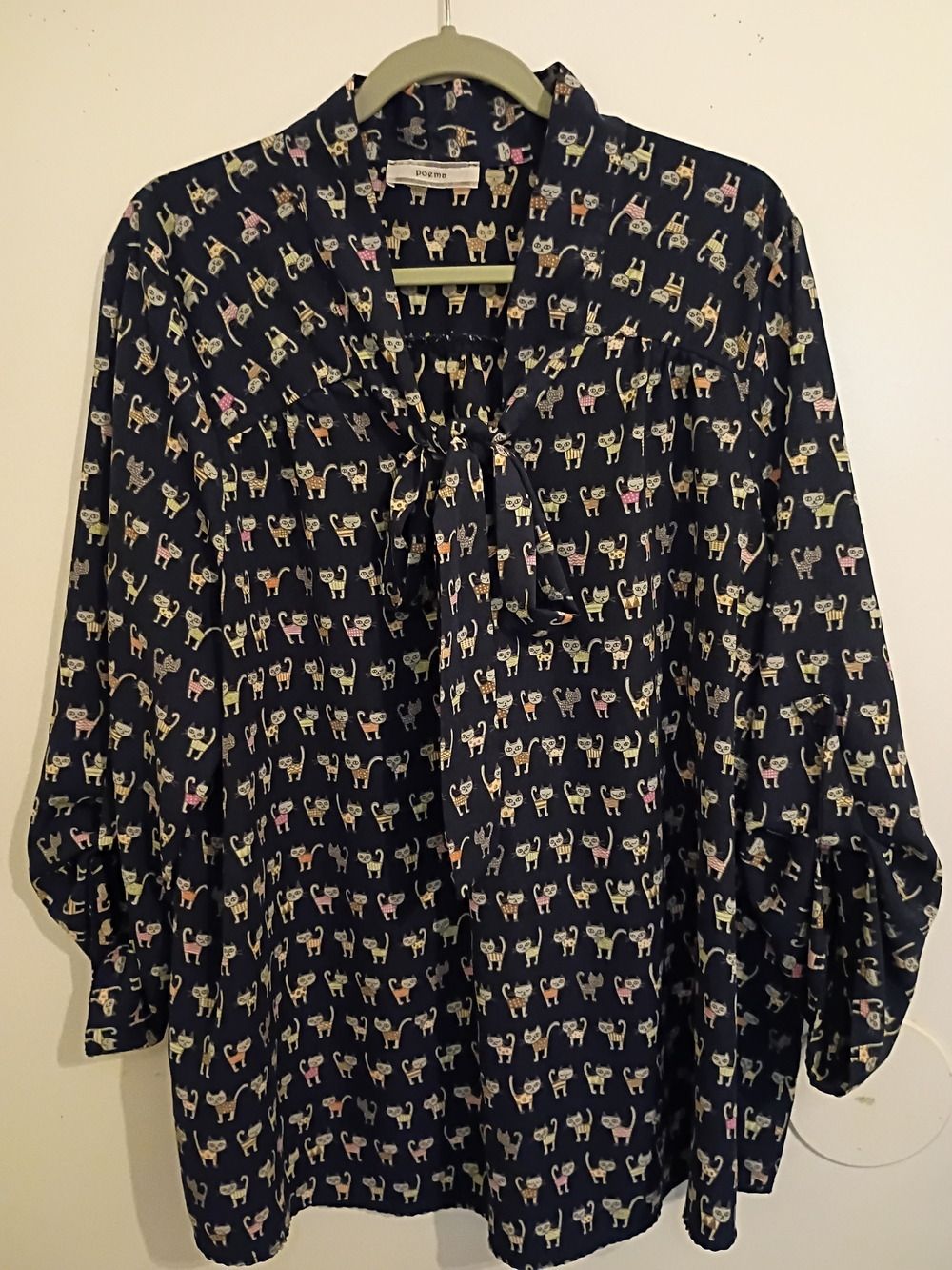 Poema Navy Cat-Print Tie-Neck Blouse Sz 3X